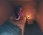 anthro bodily_fluids crying dark_room highlights_(coloring) holding_both_knees holding_both_legs holding_object holding_toy lamp lantern liminal_spaces male sitting solo tears toy twymouse litho_sandoval canid canine fennec_fox fox mammal true_fox 2021 5:4 hi_res