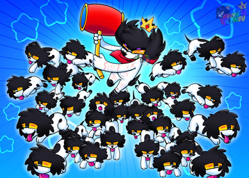 black_hair black_nose black_spots blue_background braces crown fur group hair hammer headgear male pink_eyes red_scarf scar scarf simple_background spots star tools white_body white_fur yellow_sclera mayhemtown mayhem_(mayhemtown) absurd_res hi_res