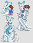 absorption_vore anthro blue_body blue_bow blue_clothing blue_eyebrows blue_eyes blue_nose blue_shirt blue_topwear brown_hair clothing duo eyebrows eyelashes female glistening glistening_body hair latex latex_suit male merging multicolored_body neck_bow open_mouth paws rubbing_stomach shirt topwear transformation transformation_through_vore vore white_body unknown_artist fan_character animate_inanimate bear human living_clothing living_latex mammal hi_res