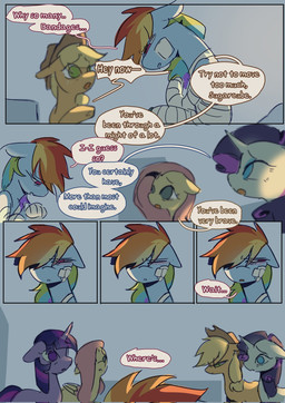 alternate_universe angry bandage bandage_on_face bandaged_arm bandaged_chest bandaged_legs bed blonde_hair blue_body blue_eyes blue_fur clothing confuse confusion cowboy_hat detailed_background female female_feral feral fur furniture green_eyes group hair half-closed_eyes hat headgear headwear hooves horn multicolored_hair narrowed_eyes orange_body orange_fur pink_eyes profanity purple_body purple_eyes purple_fur purple_hair purple_tail rainbow_hair sad speech_bubble tail text tired tired_eyes wide_eyed wings worried worried_face worried_look wounded yellow_body yellow_fur yellow_tail sinful_pie cupcakes_(mlp_fanfic) friendship_is_magic hasbro my_little_pony mythology applejack_(mlp) fluttershy_(mlp) rainbow_dash_(mlp) rarity_(mlp) twilight_sparkle_(mlp) earth_pony equid equine horse mammal mythological_creature mythological_equine pegasus pony unicorn 2025 colored comic digital_drawing_(artwork) digital_media_(artwork) english_description english_text hi_res