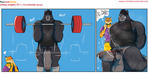 anthro balls big_penis blush bodily_fluids bottomless bottomless_anthro bottomless_male bottomwear clenched_teeth clothed clothing duo erection exercise eyebrows flaccid footwear fur genitals hair humanoid_genitalia humanoid_penis looking_at_another looking_at_genitalia looking_at_penis male male/male markings muscular muscular_anthro muscular_male pants penis pubes rope shirt simple_background socks spots spotted_body sweat sweatdrop tank_top teeth thought_bubble topwear weightlifting workout maychin emilio_(maychin) paul_(maychin) cheetah dasyurid dasyuromorph felid feline mammal marsupial tasmanian_devil digital_media_(artwork) hi_res