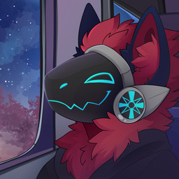 ambiguous_gender anthro black_clothing black_hoodie black_topwear blue_ears clothing fluffy fur hoodie inner_ear_fluff looking_at_window machine night protogen_visor red_body red_fur sky smile solo star starry_sky topwear tuft window feve protogen 1:1 colored digital_drawing_(artwork) digital_media_(artwork) icon shaded