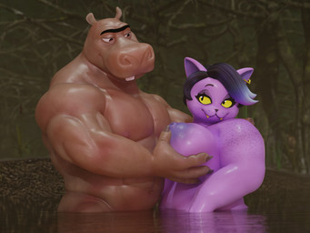 anthro areola bedroom_eyes biceps big_breasts black_hair blue_highlights breasts deltoids duo ear_piercing ear_ring eye_contact eyelashes eyeshadow female freckled_arms freckled_shoulders freckles hair hand_on_breast highlights_(coloring) long_eyelashes looking_at_another makeup male male/female musclegut muscular muscular_anthro muscular_male narrowed_eyes navel nipple_dip nipples nude outside overweight pecs piercing plant purple_body ring_piercing seductive slightly_chubby slightly_chubby_female speckle_freckles swamp trapezius tree triceps v-cut water yellow_sclera sparkpad twilightv0ids_(modeler) yogher_(modeler) dreamworks madagascar_(series) undertale_(series) catty_cattenheimer moto_moto common_hippopotamus domestic_cat felid feline felis hippopotamid mammal 3d_(artwork) 4:3 blender_(artwork) blender_cycles_(artwork) digital_media_(artwork) hi_res