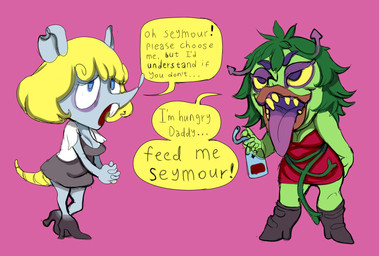 5_fingers alternate_species anthro anthrofied bangs big_mouth_(anatomy) big_tongue biped black_boots black_clothing black_footwear black_shoes black_text blonde_hair blood blood_bag blue_eyes bob_cut bodily_fluids boots breasts buckteeth cardigan clasped_hands cleavage clothed clothed_anthro clothed_female clothing daddy_kink dialogue dress duo eyebrows eyelashes female female_anthro female_humanoid fingers footwear fur furrification green_body green_hair green_skin grey_body grey_clothing grey_dress grey_ears grey_fur grey_nose hair hairless_tail high_heeled_boots high_heels humanoidized leaning leaning_forward long_hair medium_breasts notched_ear open_mouth pink_background plant purple_eyebrows purple_eyelids purple_eyes purple_tongue red_clothing red_dress sharp_teeth shoes simple_background snout speech_bubble standing tail talking_to_another teeth text tongue tongue_out vines white_cardigan yellow_sclera yellow_tail yellow_teeth deathheadmoth00 little_shop_of_horrors audrey_fulquard audrey_ii elemental_creature elemental_humanoid flora_fauna humanoid mammal mouse murid murine plant_humanoid rodent english_text handwritten_text hi_res