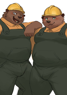anthro armor blush brown_body brown_fur bulge clothed clothing duo fur hard_hat headgear helmet kemono male musclegut muscular overalls shirt simple_background slightly_chubby standing topwear white_background barontoko beaver mammal rodent 2026 absurd_res hi_res