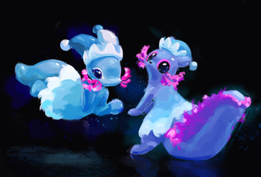 ambiguous_gender anthro black_nose blue_body blue_clothing blue_ears blue_tail clothing cosplay crossover_cosplay dress duo external_gills gills hat headgear headwear pink_eyes semi-anthro tail efi deltarune rain_world undertale_(series) videocult rivulet_(rain_world) mizzle_(deltarune) slugcat crossover hi_res
