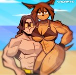 abs anthro beach biceps big_breasts bikini black_bikini black_clothing black_swimwear breasts brown_body brown_fur brown_hair clothing cloud collar collarbone day detailed_background dreadlocks duo eyewear female fur hair light-skinned_male light_body light_skin male male/female muscular muscular_anthro muscular_female muscular_human muscular_male orange_eyes pecs sand sky sunglasses swimwear tail two-piece_swimsuit vein veiny_muscles water vadarts dog_knight_rpg rory_(ceehaz) canid canine canis dobermann domestic_dog human mammal pinscher artist_name hi_res