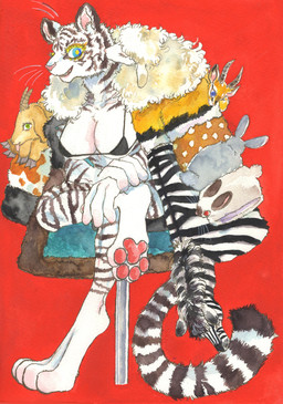 ambiguous_gender anthro big_breasts bra breasts cleavage clothed clothing crossed_legs ear_piercing feet female feral fur fur_coat furniture handwear hooves horn legwear leucistic looking_at_viewer pawpads paws piercing red_background simple_background sitting smile solo stripes tail underwear white_body white_fur kyokyota bovid caprine equid equine felid feline goat mammal pantherine tiger zebra 2021 absurd_res hi_res traditional_media_(artwork)