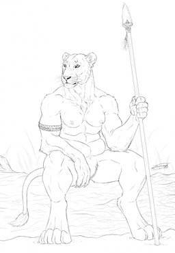 4_toes 5_fingers anthro armband armband_only breasts digitigrade feet female fingers fur hindpaw melee_weapon muscular muscular_anthro muscular_female navel nipples nude nude_anthro nude_female paws polearm sitting slightly_chubby slightly_chubby_anthro slightly_chubby_female solo spear tail tail_tuft toes tribal tuft weapon thetigress felid lion mammal pantherine hi_res monochrome