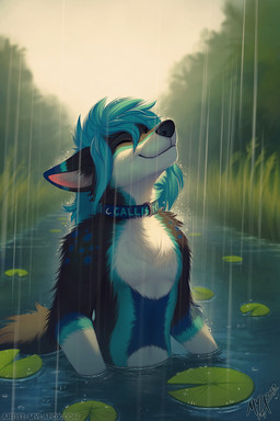 anthro black_body black_fur black_nose blue_body blue_collar blue_fur blue_hair closed_smile collar day eyes_closed fur grass hair lily_pad male mouth_closed outside partially_submerged plant raining river shrub sky smile solo water white_body white_fur mylafox 2023 hi_res