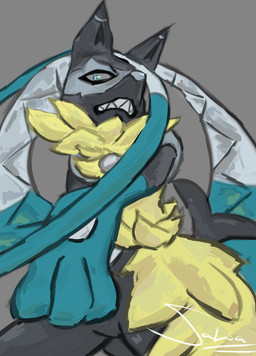 ambiguous_gender anthro blue_eyes low-angle_view sharp_teeth solo teeth salsalaz_(artist) nintendo pokemon pokemon_legends_z-a canid canine generation_9_pokemon mammal mega_evolution mega_lucario_z pokemon_(species) hi_res