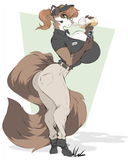 anthro baseball_cap big_breasts breasts brown_body brown_fur brown_hair cheek_tuft cleavage clothed clothing collared_shirt electronics facial_tuft female fur hair hat headgear headphones headset headwear huge_breasts khaki_pants markings polo_shirt ponytail shirt simple_background solo striped_markings striped_tail stripes tail tail_markings topwear tuft wide_eyed dullvivid mammal procyonid raccoon hi_res