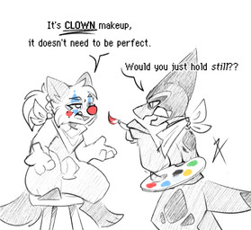 3_toes 4_fingers ambiguous_gender anthro brush clown_makeup clown_paint dialogue duo fangs feet fingers half-closed_eyes multicolored_body narrowed_eyes open_mouth paintbrush scarf semi-anthro simple_background teeth text toes two_tone_body white_background azurityarts nintendo pokemon pokemon_mystery_dungeon spike_chunsoft axdrew_(azurityarts) brooke_(azurityarts) axew generation_5_pokemon oshawott pokemon_(species) 2025 english_text signature