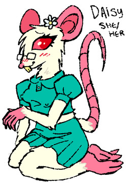 accessory albino anthro blush blush_lines bottomwear buckteeth clothing collared_shirt crop_top eyewear female flower flower_in_hair glasses hair hair_accessory nipple_outline plant pleated_skirt polo_shirt red_eyes shirt sitting skirt solo teeth topwear catponything daisy_(catponything) mammal murid murine rat rodent hi_res