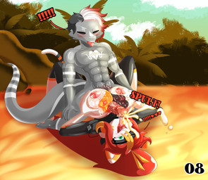 anthro beach big_breasts bodily_fluids breast_play breasts creases cum cum_in_mouth cum_inside cum_on_face duo ejaculation female genital_fluids genitals glans_lick hair lizard_tail looking_pleasured male male/female nipples oil orgasm penis pink_nipples pink_penis pose red_hair sex titfuck cranebear melicia_rossi_kiwameru felid feline lizardman mammal scalie absurd_res hi_res pinup
