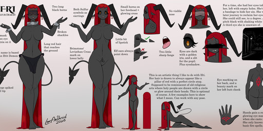 2_horns biped black_text breasts butt cuff_(restraint) ear_piercing ear_ring eye_mask eyebrows eyelashes eyeshadow fangs featureless_breasts female hair horn lips lipstick long_hair makeup markings name_drop obscured_eyes open_mouth piercing pointy_ears pose pupils red_hair restraints ring_piercing shackles slit_pupils small_waist solo spade_tail standing tail teeth text tongue tongue_out womb_tattoo yellow_eyes latiar ifri_(latiar) demon humanoid 2026 dated english_text hi_res model_sheet signature
