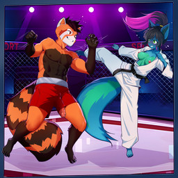 abs anthro areola asian_clothing athletic athletic_anthro athletic_male athletic_wear bodily_fluids bottomwear breasts bulge casual_exposure clothed clothing duo east_asian_clothing erection exposed_breasts eye_contact feet female fight fighting_ring fingers fur genitals gym_bottomwear gym_shorts hair humanoid_genitalia humanoid_penis japanese_clothing kick kimono looking_at_another male male/female nipples open_clothing open_topwear pants pecs penis penis_poking_out shorts smile spread_legs spreading sweat sweatdrop tail toes topless topless_anthro topless_male topwear ai_assisted ai_generated_background sicmop ailurid canid canine canis mammal red_panda wolf 1:1 2026 absurd_res digital_media_(artwork) hi_res