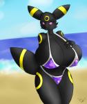 anthro anthrofied beach big_breasts bikini breasts clothing cloud erect_nipples female huge_breasts hyper hyper_breasts nipple_outline nipples pokemorph polka-dot_bikini polka_dot_bikini pupils purple_bikini_top purple_eyes purple_pupils purple_sclera sea smile solo swimwear two-piece_swimsuit water vant_talon nintendo pokemon kiara_(pkmndiamond493) eeveelution generation_2_pokemon pokemon_(species) umbreon absurd_res hi_res