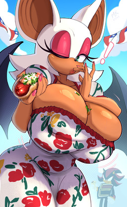 anthro big_breasts biped breast_overflow breasts clothed clothing dress eyelashes female fingers food food_on_breasts glistening glistening_body holding_object hot_dog huge_breasts huge_hips huge_thighs looking_at_viewer membrane_(anatomy) membranous_wings nipple_outline one_eye_closed pupils thick_thighs vein veiny_breasts white_clothing wide_hips wings mekaatomic sega sonic_the_hedgehog_(series) rouge_the_bat shadow_the_hedgehog bat eulipotyphlan hedgehog mammal absurd_res hi_res