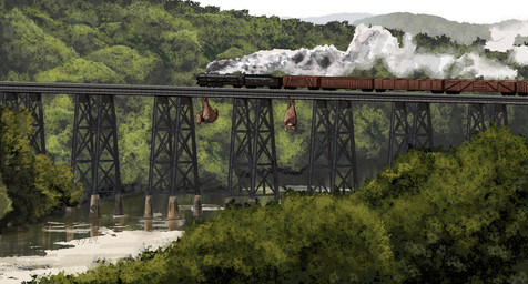 ambiguous_gender bridge brown_body cuneiform_text day duo feral freight_railroad_car hanging_upside_down locomotive membrane_(anatomy) membranous_wings nature_background not_furry outside plant public_transportation rail_transit railcar railroad_car river steam steam_locomotive tree trestle_bridge upside_down valley vehicle wings ribbajack fallout microsoft scorchbeast_(fallout) english_description hi_res signature story story_in_description