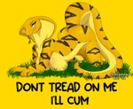 all_fours anthro ass_up bedroom_eyes big_breasts breast_squish breasts female gadsden_flag grass narrowed_eyes nude pandaman90 plant reptile scalie seductive simple_background snake solo squish striped_body stripes text tongue tongue_out yellow_background yellow_body