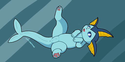 3_toes anus black_nose blue_body blue_eyes feet female feral fish_tail genitals innie_vulva long_tail looking_at_viewer lying on_back pawpads paws presenting red_pawpads simple_background smile solo spread_legs spreading tail tail_anus toes vulva whatthefuckisoatmeal nintendo pokemon eeveelution generation_1_pokemon pokemon_(species) vaporeon 2:1 cel_shading hi_res shaded
