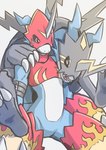 ambiguous_gender anthro armor blue_body carrying_another duo evolutionary_family featureless_crotch feral horn midriff piggyback red_eyes simple_background white_background sansyonoki64 bandai_namco digimon digimon_(species) flamedramon raidramon hi_res