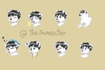 anthro black_hair blue_eyes hair kemono male open_mouth simple_background smile solo sticker white_body thejameater sakai_the_inu canid canine canis domestic_dog mammal 3:2 absurd_res hi_res