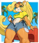 anthro bikini_thong blonde_hair bottomwear brazilian_flag breasts clothed clothing crop_top denim denim_bottomwear denim_clothing denim_shorts female fully_clothed hair low-angle_view medium_breasts navel pigtails shirt shorts smile solo swimwear thick_thighs thong topwear underwear bimp_10 activision brazilian_miku crash_bandicoot_(series) coco_bandicoot bandicoot mammal marsupial hi_res