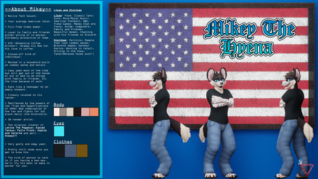 american_flag anthro description male open_mouth open_smile smile text united_states_of_america latiospegasus mikey_the_hyena hyena mammal spotted_hyena 16:9 absurd_res english_text hi_res model_sheet widescreen
