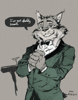 anthro clothing dialogue fur grey_body grey_fur male simple_background simple_coloring smile solo suit text yanjiuxingyu disney zootopia pawbert_lynxley canada_lynx felid feline lynx mammal english_text hi_res