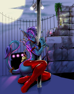 accessory alternative_fashion ankles_together anthro armband bent_arm bent_legs biceps big_ears biped blue_body blue_fur bone boots breasts butt candle claws clothing collar crossed_ankles cybernetics cyberpunk detailed_background ear_piercing ear_ring eyebrow_piercing facial_piercing female fingers_on_own_wrist fingers_on_wrist footwear footwear_only fur furgonomics genital_piercing genitals glamfur goth hair hair_over_eye holding_wrist hug hugging_object humanoid_genitalia humanoid_vulva jewelry labia_majora_piercing labia_piercing labret_piercing latex legwear lights lip_piercing long_claws long_nails looking_at_viewer machine medium_breasts moon mostly_nude muscular muscular_anthro muscular_female naughty_face night nipple_piercing nipples one_eye_obstructed outside piercing pole pose purple_hair red_clothing red_footwear red_legwear ring ring_piercing science_fiction shoes shoes_only short_hair sitting skull sky solo spikes tail tail_accessory tail_jewelry tail_ring tail_tuft tailband technophilia thigh_boots thigh_highs tuft undercut vulva vulva_piercing year yokozuwari sanny cyborg demon felid mammal 2004 dated digital_media_(artwork) hi_res pinup signature