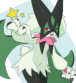ambiguous_gender anthro claws fangs featureless_crotch fur green_body green_fur green_hair hair looking_at_viewer one_eye_closed open_mouth pawpads red_eyes simple_background solo star star_symbol tail teeth tongue ylit nintendo pokemon felid feline generation_9_pokemon mammal meowscarada pokemon_(species) 2025
