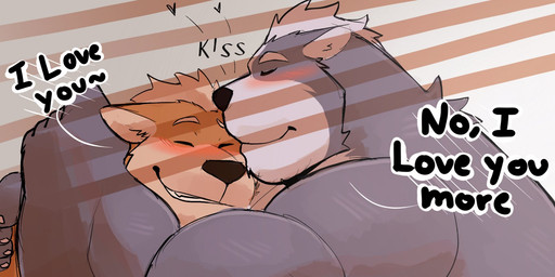 abs anthro barazoku blush dialogue duo fur grey_body grey_fur hug hugging_another i_love_you lying male male/male multicolored_body multicolored_fur muscular muscular_anthro muscular_male nude nude_anthro on_side onomatopoeia sound_effects tan_body tan_fur text two_tone_body two_tone_fur vitashi nintendo star_fox fox_mccloud wolf_o'donnell canid canine canis fox mammal wolf hi_res