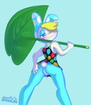 anthro anus big_butt blonde_hair blue_eyes blush bodily_fluids bottomwear butt butt_grab clothed clothing clothing_lift cotton_tail dress dress_lift female fur genital_fluids genitals green_nose hair hand_on_butt hat headgear headwear holding_leaf holding_object leaf leaf_umbrella leg_grab looking_at_viewer looking_back low-angle_view pussy scut_tail short_tail simple_background skirt skirt_lift smile solo spread_anus spread_butt spread_legs spread_pussy spreading tail thick_thighs thigh_grab topwear umbrella upskirt vaginal_fluids white_body white_fur minimoobles animal_crossing nintendo francine_(animal_crossing) lagomorph leporid mammal rabbit digital_media_(artwork) hi_res