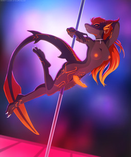 3_toes anthro areola black_tail breasts claws collar dancing detailed_background eyebrows eyelashes feet frenum_ladder frenum_piercing genital_piercing genitals gynomorph hair horn intersex jewelry ladder_piercing looking_at_viewer markings membrane_(anatomy) non-mammal_breasts nude orange_hair orange_tail paws penis penis_piercing piercing pole pole_dancing pupils red_hair red_sclera red_tail slit_pupils smile solo tail toes lunalei mythology kayshira aquatic dragon fish hybrid mythological_creature mythological_scalie scalie shark 2017 digital_media_(artwork)