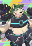 anthro armor belly confetti eyewear fur goggles green_body green_fur male midriff navel one_eye_closed overweight overweight_male solo superhero wink nazebesu_hobby lifewonders live_a_hero mokdai canid canine canis domestic_dog mammal absurd_res hi_res