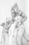 2015 anthro arun_(tokaido) canid canine canis clothed clothing digitigrade domestic_dog dragon duo female frown fur graphite_(artwork) greyscale hair hi_res horn husky laugh male mammal monochrome mythological_creature mythological_scalie mythology nordic_sled_dog open_mouth pencil_(artwork) scalie simple_background size_difference sketch smile spitz standing tail teeth tokaido traditional_media_(artwork) white_background