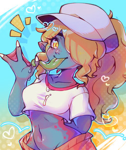 3_fingers anthro bangs blonde_hair blue_body blue_skin bodily_fluids claws clothing curly_hair eyelashes female finger_claws fingers freckled_face freckled_legs freckled_thighs freckles green_tongue hair hat headgear headwear humanoid_pointy_ears long_tongue looking_at_viewer membrane_(anatomy) midriff multicolored_body multicolored_skin navel one_eye_obstructed pointy_ears ponytail saliva saliva_on_tongue saliva_string slime solo tongue tongue_out two_tone_body two_tone_skin webbed_hands yellow_eyes kokemushi asian_mythology east_asian_mythology japanese_mythology mythology yokai_love_you! tsu_(blargen69) amphibian frog humanoid yokai digital_drawing_(artwork) digital_media_(artwork)