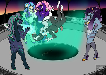 anthro beam breasts butt erection female floating genitals group hooves horn kidnapping light light_beam long_ears male male/female mischievous mischievous_smile nipples penis screen skyline spacecraft talking_to_another ufo vehicle vulva arwenscoots conditional_dnp alien bovid canid canine caprine goat hybrid lagomorph leporid mammal rabbit