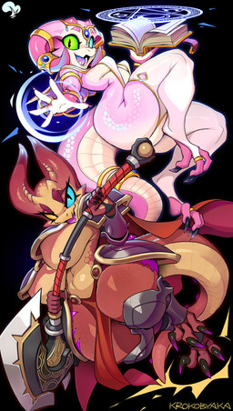 3_toes 5_fingers accessory alternate_species anthro armor big_breasts black_background book bottomwear breasts claws clothing duo eyelashes feet female fingers floating heterochromia holding_book holding_melee_weapon holding_object holding_sword holding_weapon horn legwear loincloth magic_user medium_breasts melee_weapon multicolored_body navel non-mammal_breasts non-mammal_navel open_mouth open_smile pink_body red_body scales shortstack simple_background small_waist smile sword tail thick_thighs thigh_highs toe_claws toes two_tone_body unconvincing_armor under_boob weapon wide_hips krokobyaka sabrith_ebonclaw tayelle_ebonclaw kobold scalie 2025 digital_media_(artwork) hi_res signature
