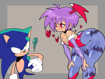 anthro armwear ass_up bat_print bent_over big_butt blue_body blue_hair blush breasts bridal_gauntlets butt choker cleavage clothed clothing confusion duo eye_contact eyebrow_through_hair eyebrows eyelashes female gloves green_eyes grey_background hair hands_on_legs handwear head_wings heart_symbol jewelry larger_female larger_humanoid leggings legwear leotard light_body light_skin looking_at_another looking_back looking_back_at_another love male male/female necklace pear-shaped_figure purple_hair question_mark red_eyes short_hair short_tail simple_background size_difference small_breasts smaller_anthro smaller_male smile smiling_at_another standing tail thick_thighs tight_clothing translucent translucent_hair unusual_wing_placement wide_hips wings gt_animates capcom darkstalkers sega sonic_the_hedgehog_(series) lilith_aensland sonic_the_hedgehog eulipotyphlan hedgehog humanoid mammal succubus 2026 4:3 absurd_res crossover digital_drawing_(artwork) digital_media_(artwork) hi_res