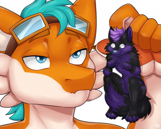 anthro black_body black_fur blue_eyes blue_hair blue_nose bored claws close-up cosmic_hair dipstick_tail duo ethereal_hair extreme_size_difference eyewear femboy fur fur_markings goggles grabbed hair lifted_up male male/male markings micro multicolored_body orange_body purple_body purple_fur simple_background size_difference tail tail_markings two_tone_body white_background white_body villmix dragonimator_(character) kitsunaki canid canine fox kobold mammal scalie 2025 hi_res