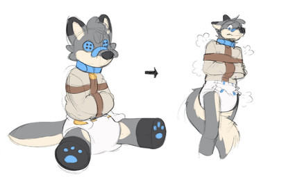 ambiguous_gender anthro arms_tied band-aid band-aid_on_face band-aid_on_nose bandage bandage_on_face bandage_on_nose black_body black_ear_tips black_fur black_nose blue_band-aid bound button_(fastener) button_eyes clean_diaper clothed clothing collar diaper dipstick_ears directional_arrow ear_markings fur grey_body grey_fur grey_tail low-angle_view multicolored_body multicolored_ears multicolored_fur plushie restraints simple_background solo standing straitjacket tail tail_between_legs tan_body tan_fur tan_inner_ear tan_tail three-quarter_view two_tone_tail voodoo voodoo_doll wearing_diaper white_background white_diaper foxehhyz pakun canid canine canis mammal wolf portrait sequence three-quarter_portrait