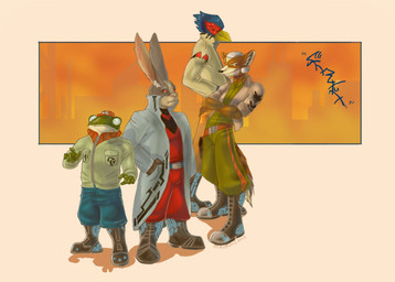 anthro belt black_nose blue_body boots brown_body brown_fur building clothed clothing coat crossed_arms footwear fur green_body grey_body grey_fur group hand_in_pocket hat headgear headwear jacket male multicolored_body pockets red_eyes shadow shoes standing topwear two_tone_body vein feral_grinn nintendo star_fox falco_lombardi fox_mccloud peppy_hare slippy_toad amphibian avian bird canid canine canis fox frog lagomorph leporid mammal rabbit toad_(frog) signature