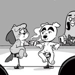 anthro blush bow_tie cafe coffee_cup confident container countertop covering covering_crotch covering_self cup embarrassed exhibitionism genitals group holding_coffee_cup holding_container holding_cup holding_object inside male navel nipples nude penis smile steam suit_and_tie trio strawbearer animal_crossing nintendo brewster_(animal_crossing) digby_(animal_crossing) k.k._slider avian bird canid canine canis columbid domestic_dog mammal pigeon 1:1 hi_res monochrome