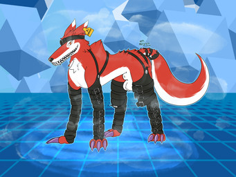 accessory animal_genitalia balls ear_piercing ear_tag feral fully_sheathed fur genitals harness headband leather leather_harness long_snout male piercing quadruped red_body red_fur sharp_teeth sheath smile smirk snout solo teeth yellow_eyes triti_(artist) bandai_namco digimon digimon_(species) fangmon wofl hi_res