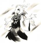 5_fingers anthro clothing fangs fingers horn looking_at_viewer male simple_background solo star teeth riiikuta undertale undertale_(series) asriel_dreemurr_(god_form) boss_monster_(undertale) bovid caprine mammal 2018 black_and_white hi_res monochrome