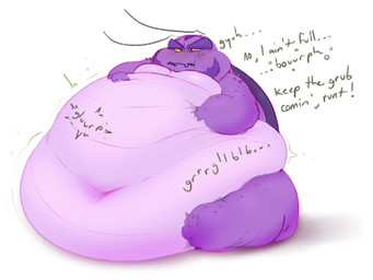 antennae_(anatomy) anthro belly big_belly blush blush_lines dialogue eyebrows hand_on_belly hands_on_own_belly huge_belly hungry immobile male morbidly_obese morbidly_obese_anthro morbidly_obese_male navel obese obese_anthro obese_male overweight overweight_anthro overweight_male purple_body requesting rumbling_stomach solo sound_effects talking_to_viewer text thick_eyebrows vowelless vowelless_sound_effect yellow_sclera bastardpalace goliath_(bastardpalace) arthropod insect 2025 4:3 english_text