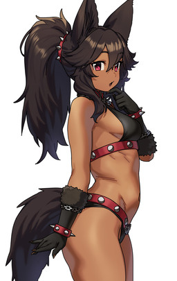 biped breasts clothed clothing eyebrows female fingers hair looking_at_viewer open_mouth pupils side_view simple_background solo tail thick_thighs houtengeki animal_humanoid canid canid_humanoid canine canine_humanoid humanoid mammal mammal_humanoid hi_res
